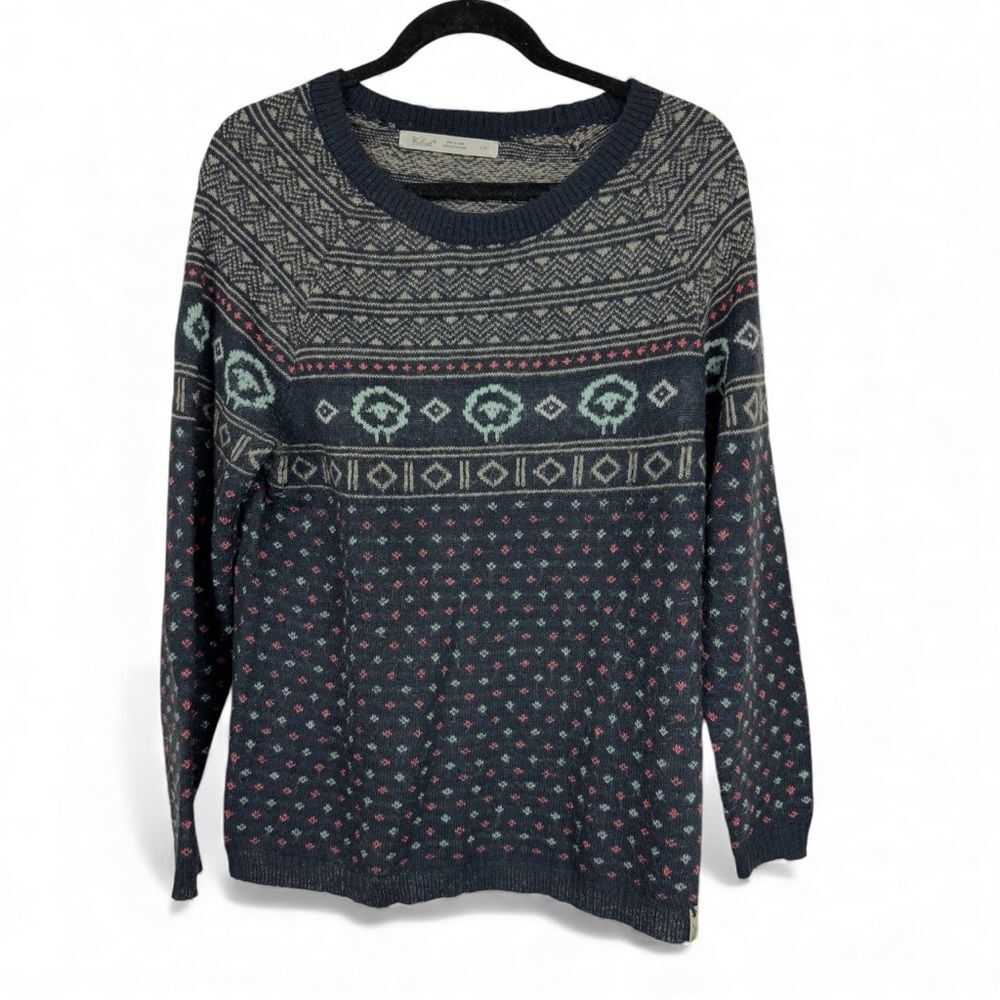 Woolrich Sheep Fair Isle Sweater Navy Blue Wool Light Weight Knit Size Large